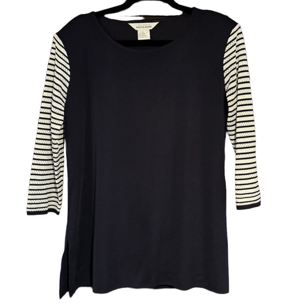 Exclusively Misook Blue Top White Front Pullover Career Stripe Mesh Sleeve Large